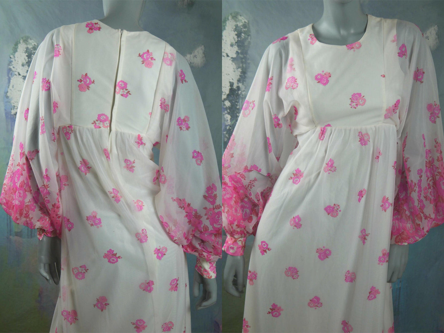 1970s Boho Maxi | White Pink Floral Flowy Puff Sleeve Long Dress Leo Gabor Vintage