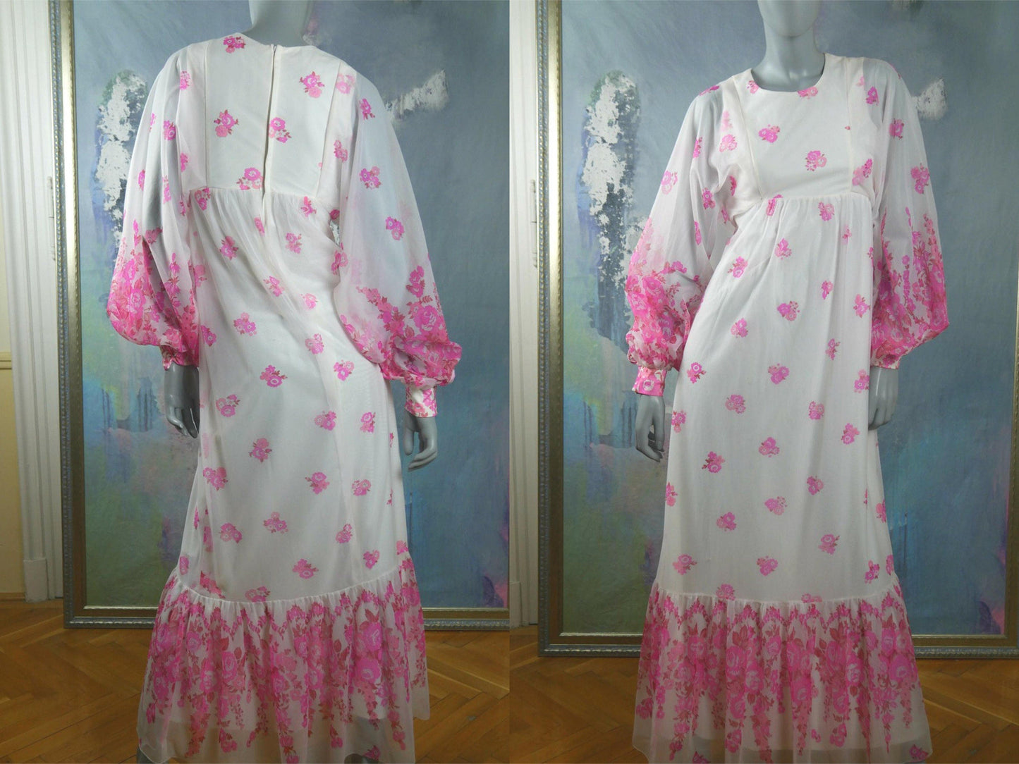1970s Boho Maxi | White Pink Floral Flowy Puff Sleeve Long Dress Leo Gabor Vintage