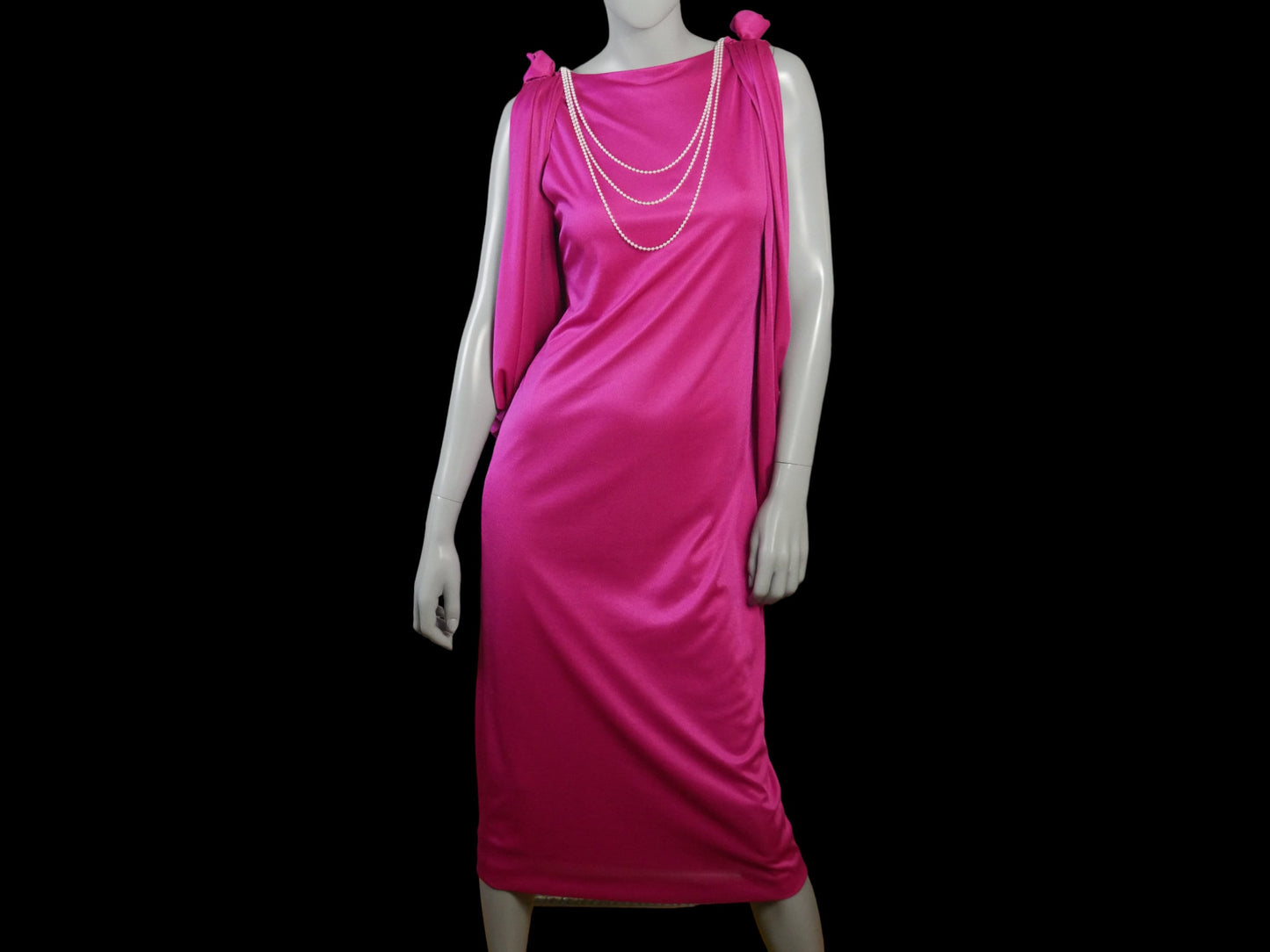 1970s Disco Dress, Pink Satin Sleeveless Flapper Style Midi with Goddess Draping Leo Gabor Vintage