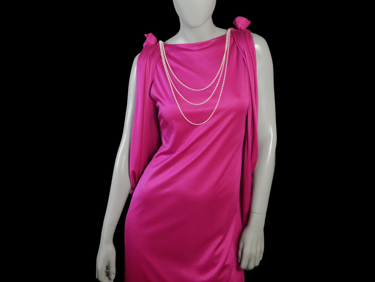 1970s Disco Dress, Pink Satin Sleeveless Flapper Style Midi with Goddess Draping Leo Gabor Vintage