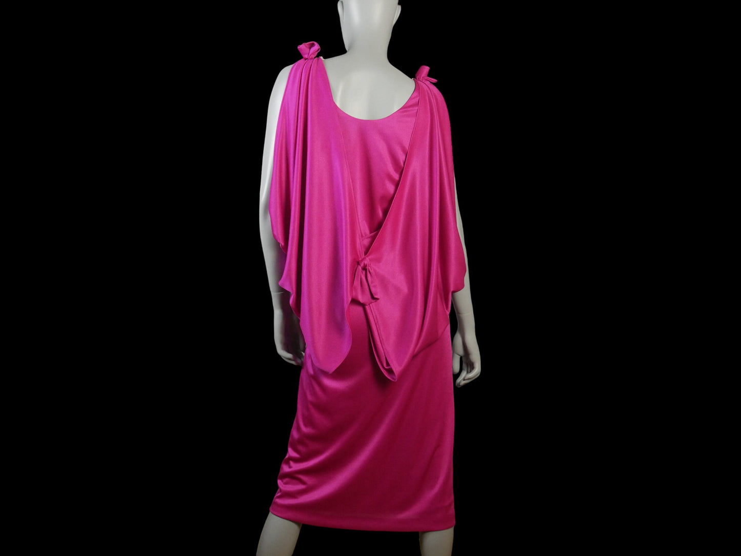 1970s Disco Dress, Pink Satin Sleeveless Flapper Style Midi with Goddess Draping Leo Gabor Vintage