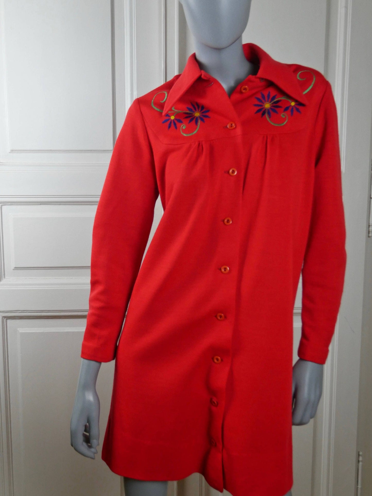 1970s German Vintage Red Shirt Dress Leo Gabor Vintage