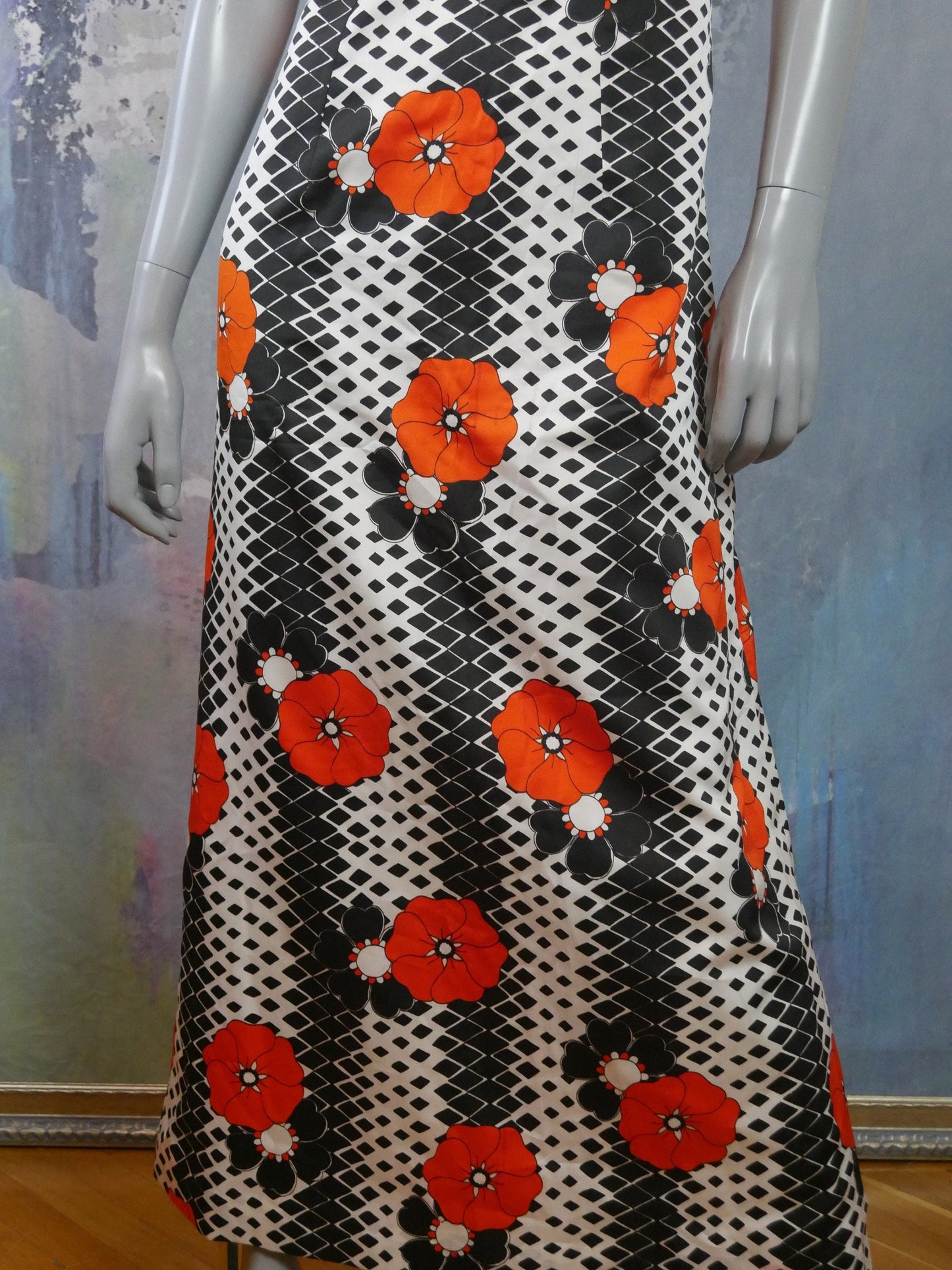 1970s Mod Sleeveless Long Dress| Black White Orange Max Leo Gabor Vintage