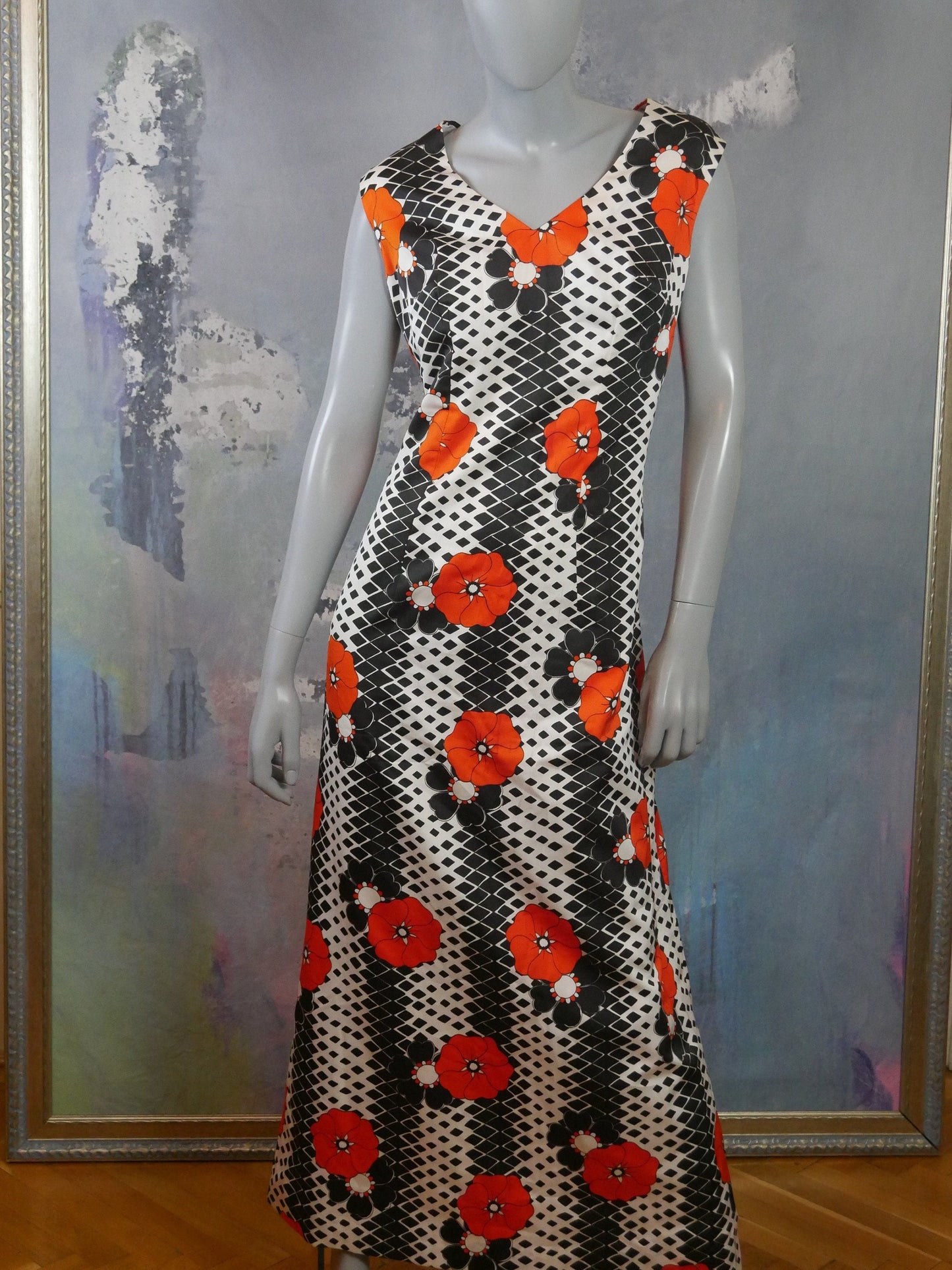 1970s Mod Sleeveless Long Dress| Black White Orange Max Leo Gabor Vintage