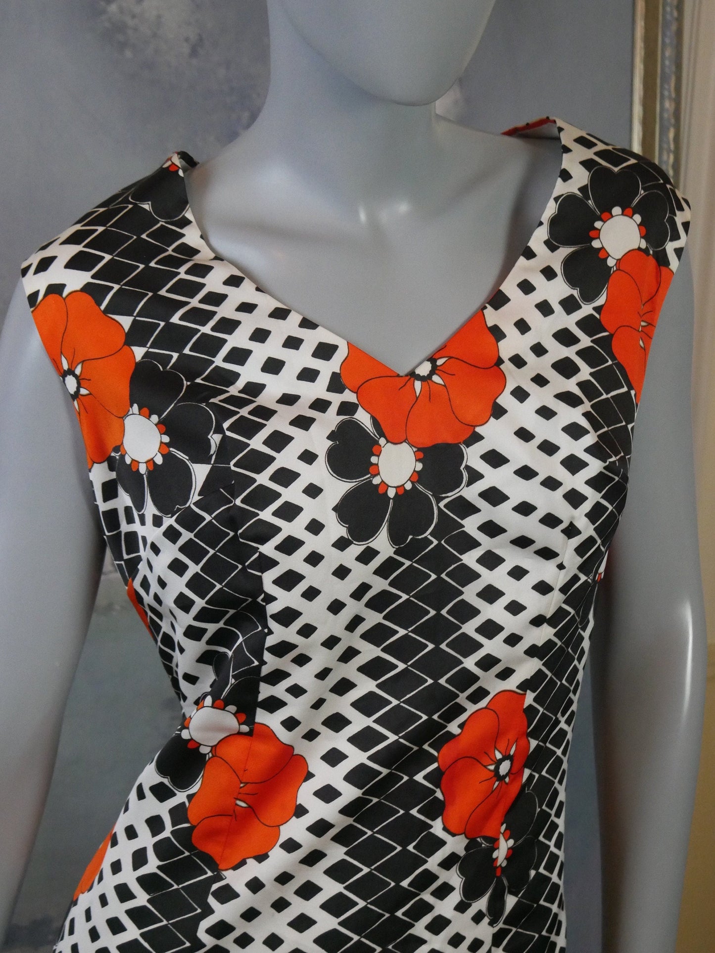 1970s Mod Sleeveless Long Dress| Black White Orange Max Leo Gabor Vintage