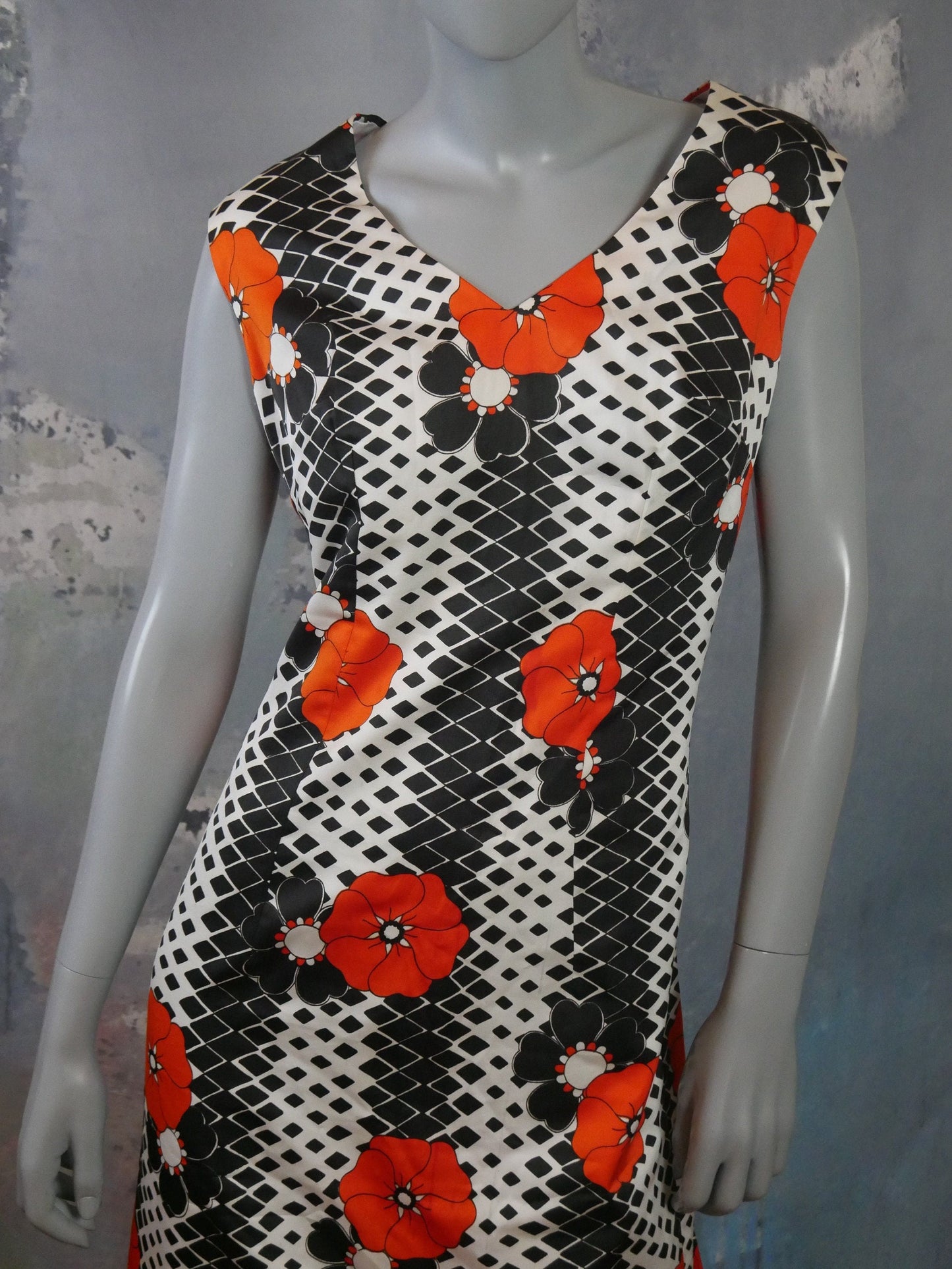 1970s Mod Sleeveless Long Dress| Black White Orange Max Leo Gabor Vintage