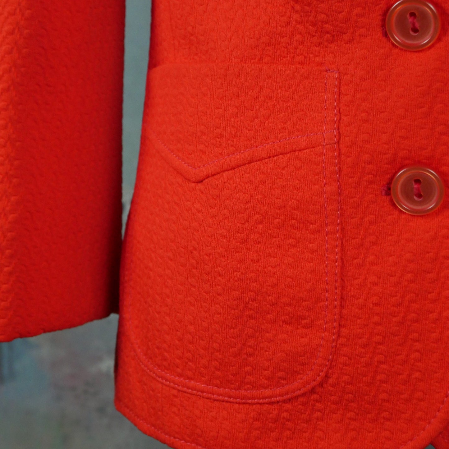 1970s Orange Blazer | Women's Textured Polyester Single-Breasted Jacket with Super Wide Collar | Medium Leo Gabor Vintage