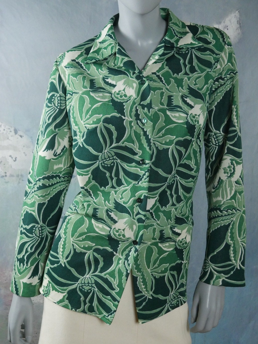 1970s Psychedelic Green Floral Blouse | Long Sleeve Scandinavian Top | Large Leo Gabor Vintage