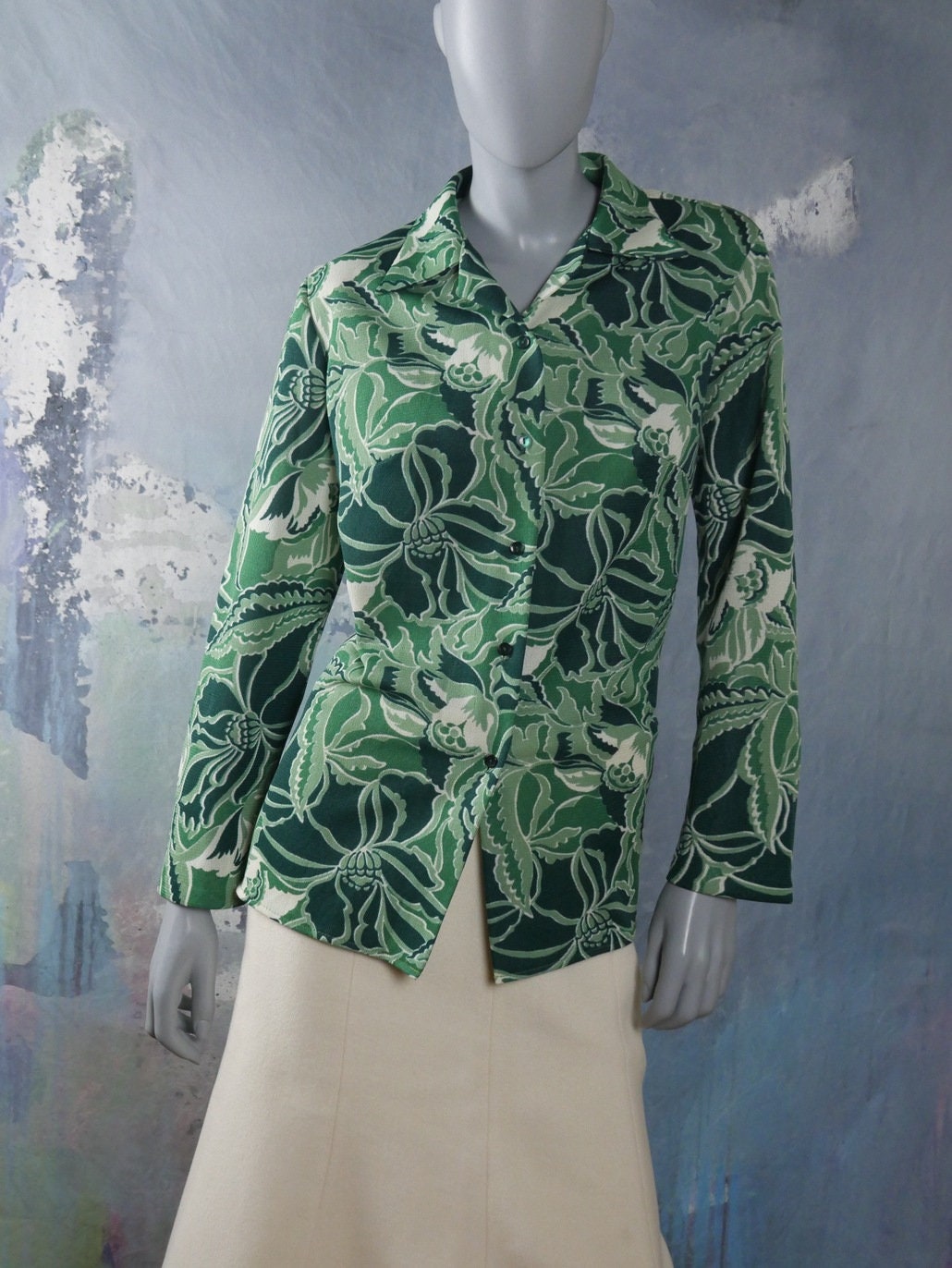 1970s Psychedelic Green Floral Blouse | Long Sleeve Scandinavian Top | Large Leo Gabor Vintage