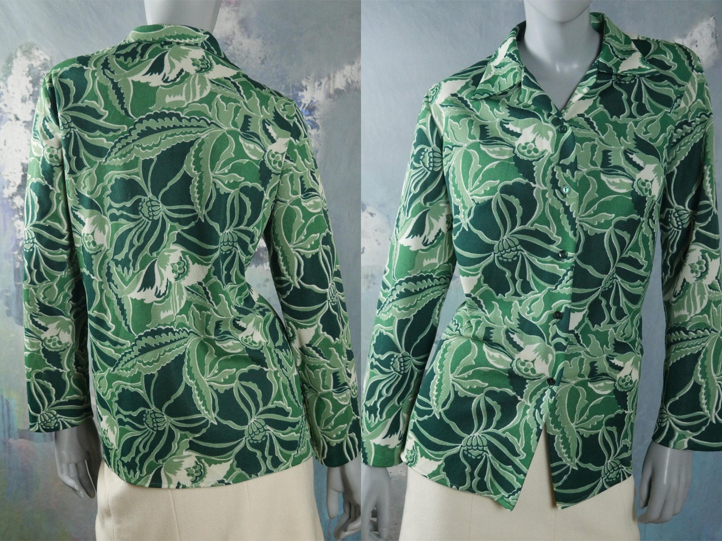1970s Psychedelic Green Floral Blouse | Long Sleeve Scandinavian Top | Large Leo Gabor Vintage