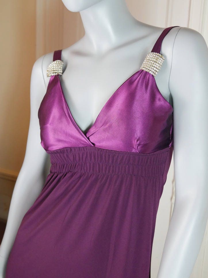 1970s Purple Disco Dress | French Vintage Sleeveless Purple w Diamante Straps Leo Gabor Vintage