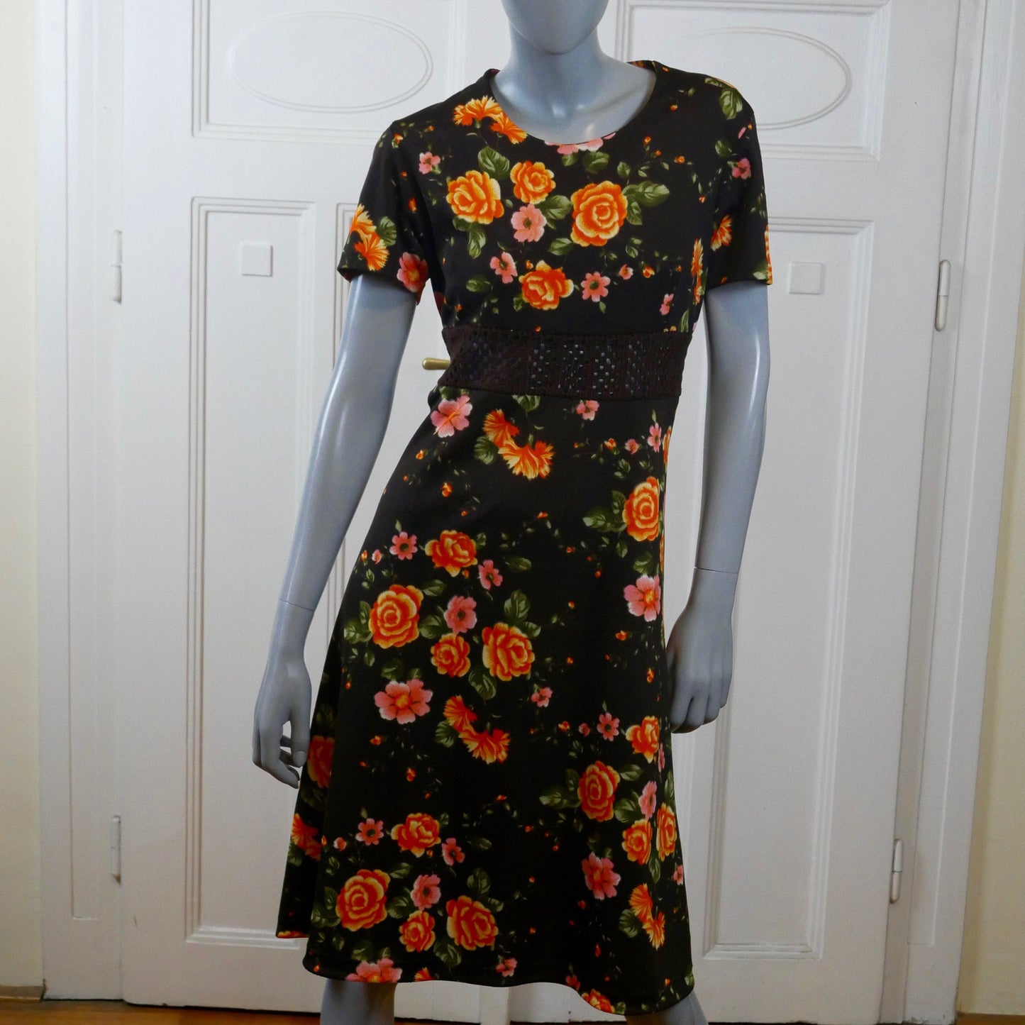1970s Short Sleeve Dress | European Vintage Black Mod Summer Style with Orange Floral Pattern and Crochet Waistband Leo Gabor Vintage
