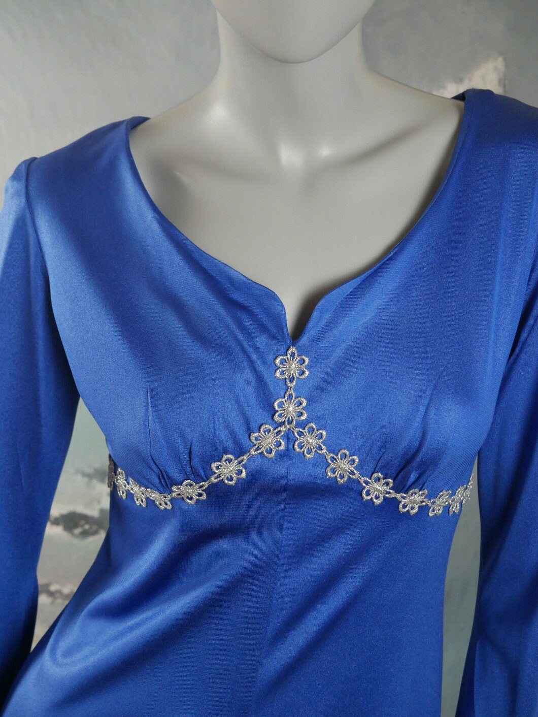 1970s Vintage Blue Satin Dress with Silver Floral Metallic Trim | Elizabethan Style Maxi Leo Gabor Vintage