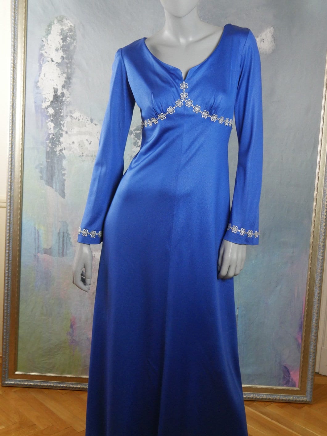 1970s Vintage Blue Satin Dress with Silver Floral Metallic Trim | Elizabethan Style Maxi Leo Gabor Vintage