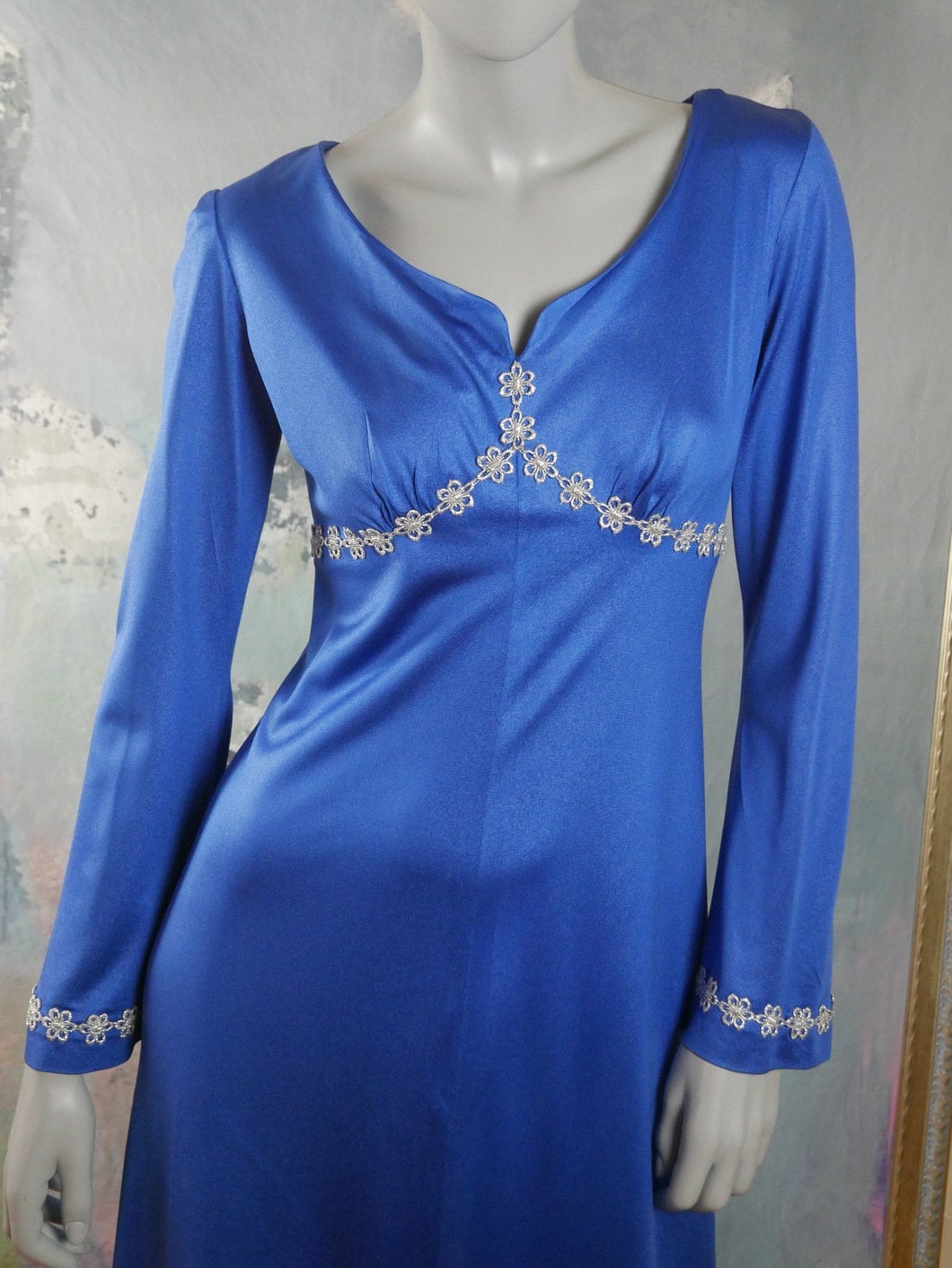 1970s Vintage Blue Satin Dress with Silver Floral Metallic Trim | Elizabethan Style Maxi Leo Gabor Vintage