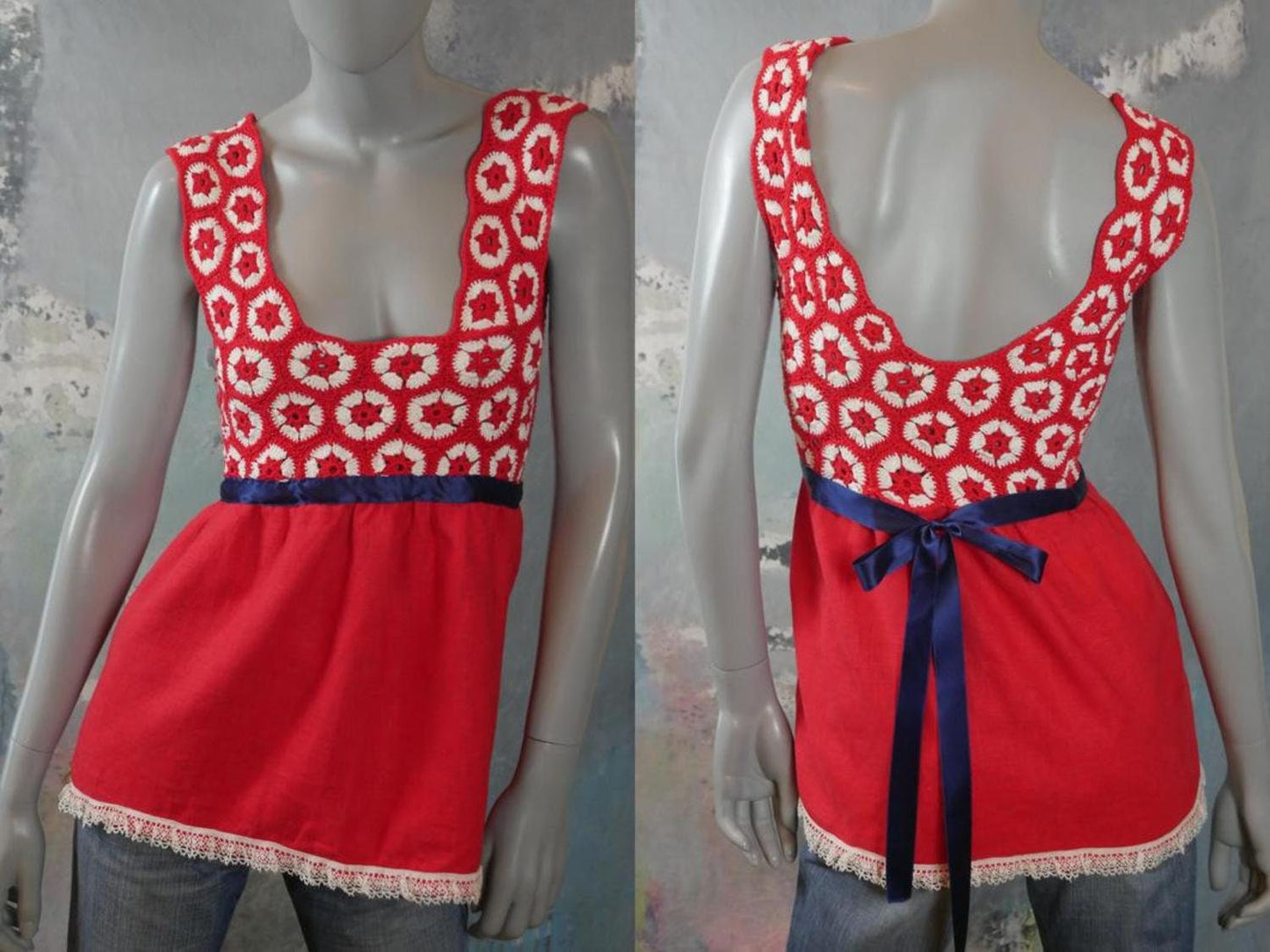1970s Vintage Crochet Sleeveless Summer Top | Red & White w Blue Ribbon Tie-Back Bow Baby Doll Style | Medium Leo Gabor Vintage