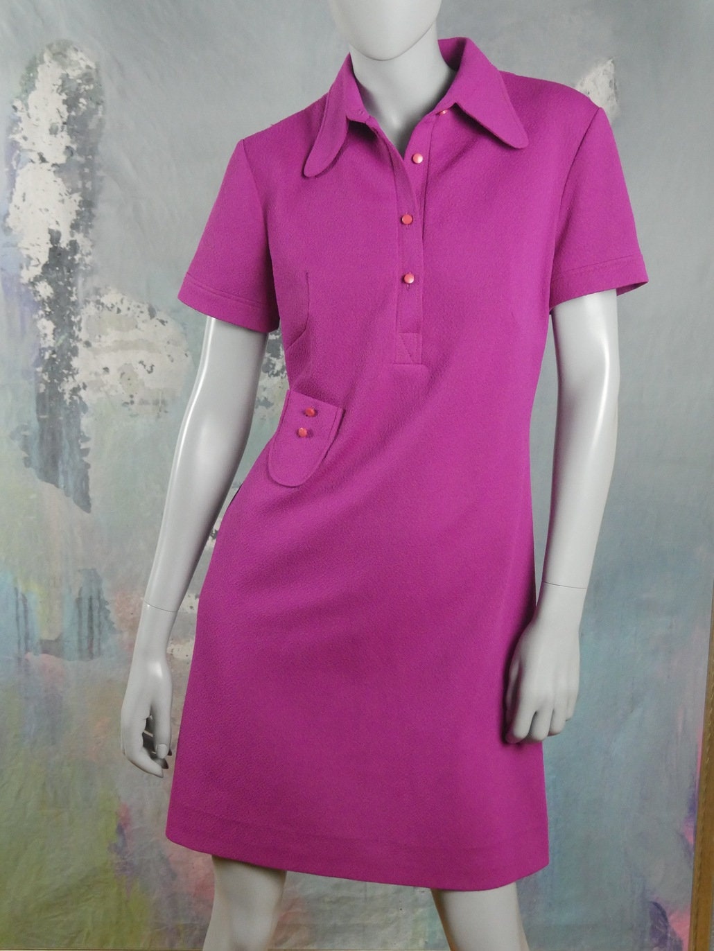 1970s Vintage Magenta Purple Shirt Dress Leo Gabor Vintage