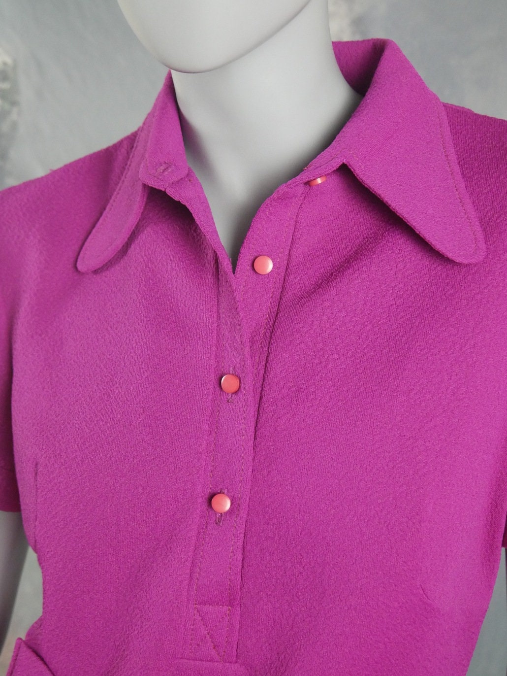 1970s Vintage Magenta Purple Shirt Dress Leo Gabor Vintage