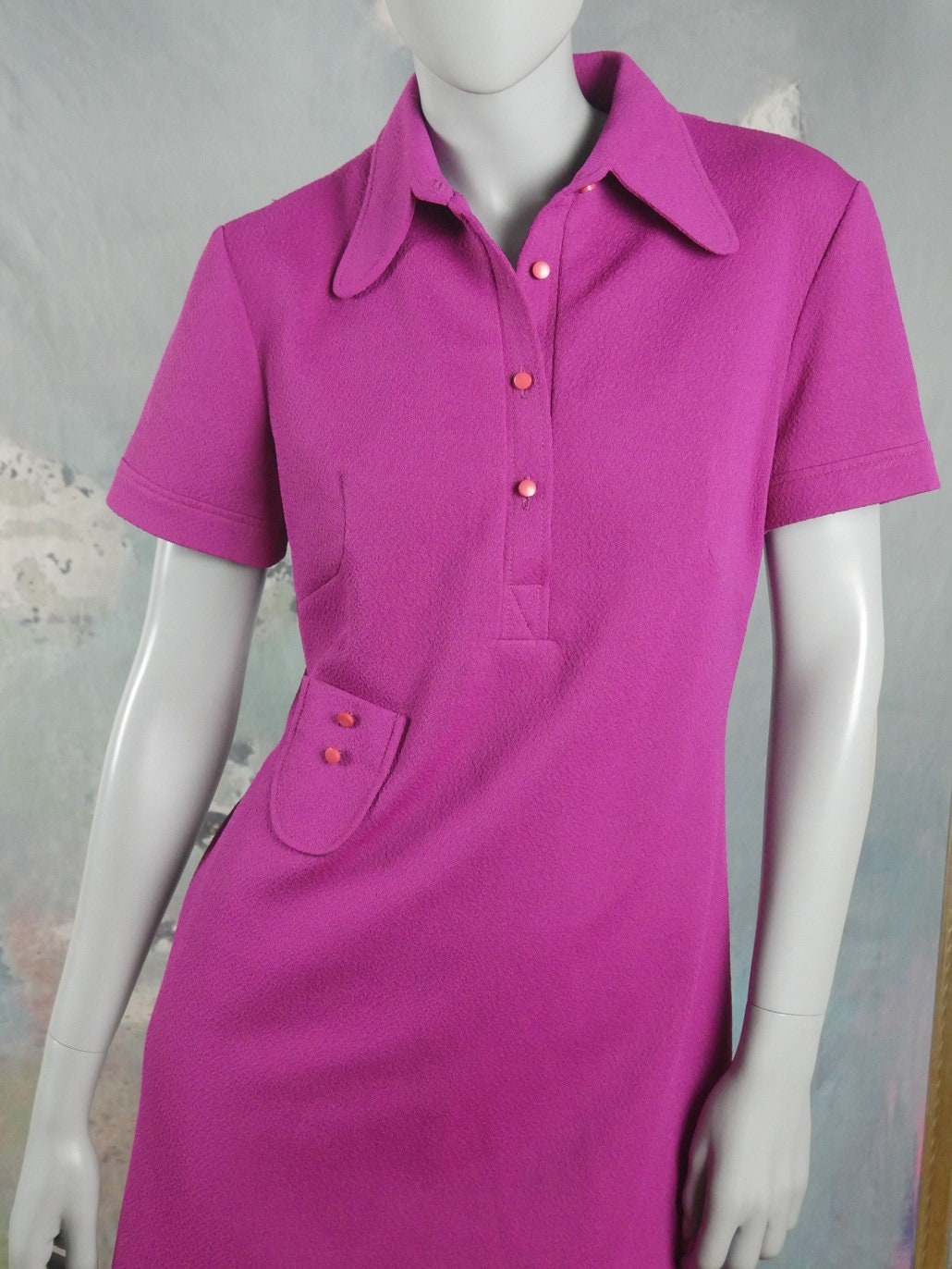 1970s Vintage Magenta Purple Shirt Dress Leo Gabor Vintage