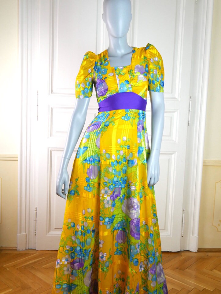 1970s Vintage Maxi | Yellow Turquoise Purple Green Long Dress Leo Gabor Vintage