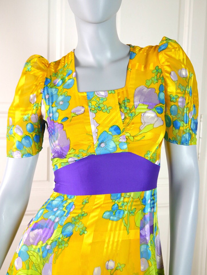 1970s Vintage Maxi | Yellow Turquoise Purple Green Long Dress Leo Gabor Vintage