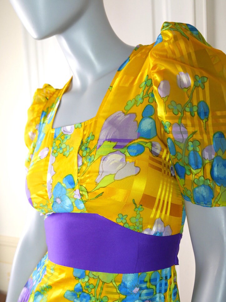 1970s Vintage Maxi | Yellow Turquoise Purple Green Long Dress Leo Gabor Vintage