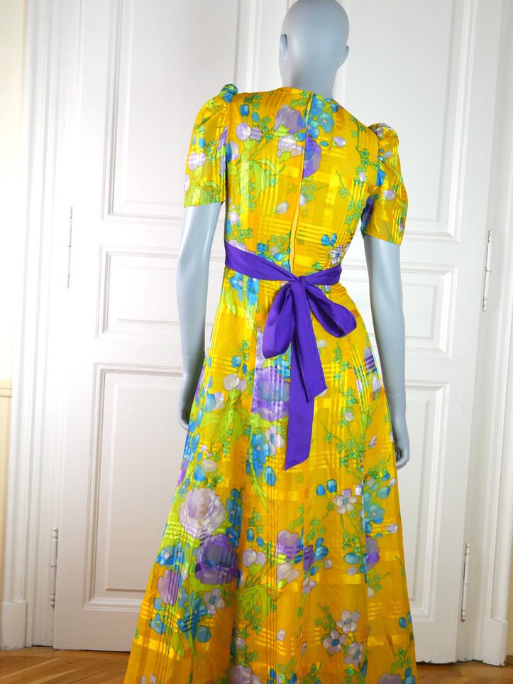 1970s Vintage Maxi | Yellow Turquoise Purple Green Long Dress Leo Gabor Vintage