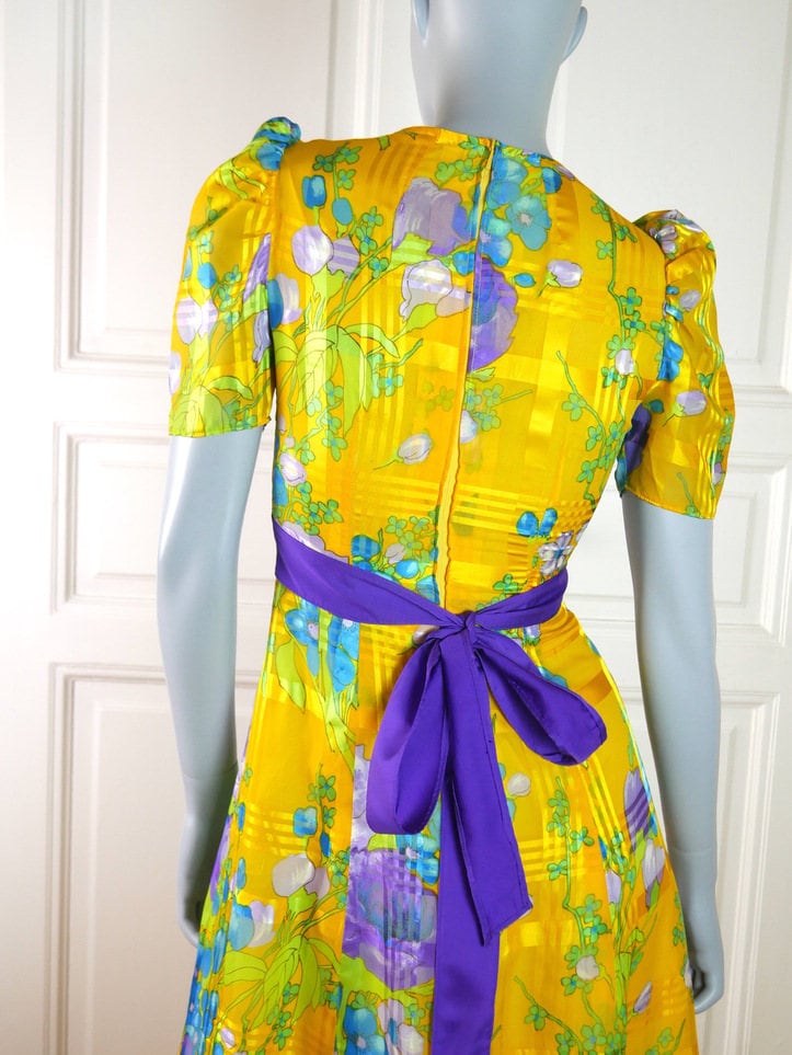 1970s Vintage Maxi | Yellow Turquoise Purple Green Long Dress Leo Gabor Vintage
