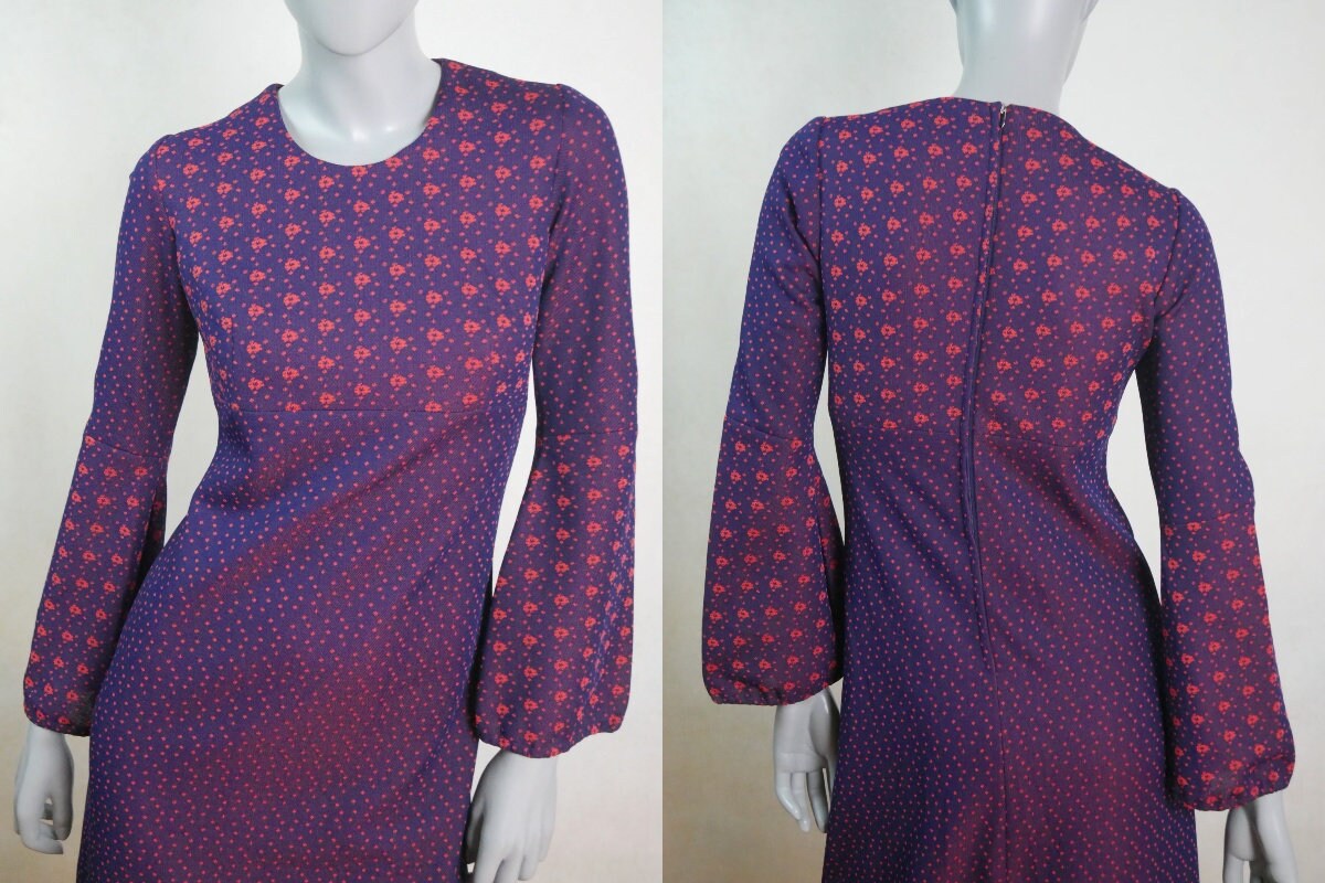 1970s Vintage Mod Dress | Navy Blue and Rouge Red Midi with Long Flared Sleeves Leo Gabor Vintage