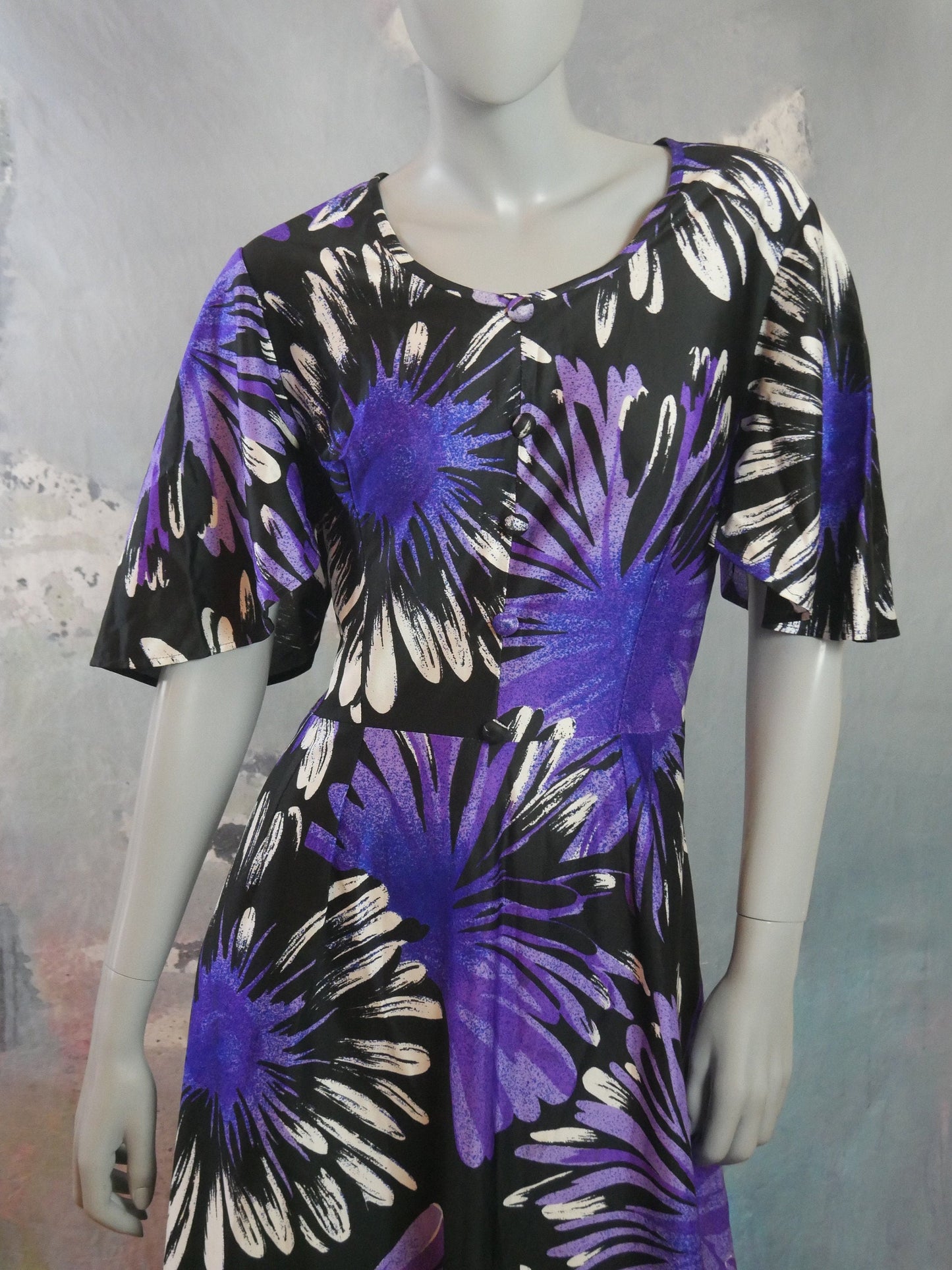1970s Vintage Purple Maxi | Abstract Floral Long Dress with Short Flutter Sleeves Leo Gabor Vintage