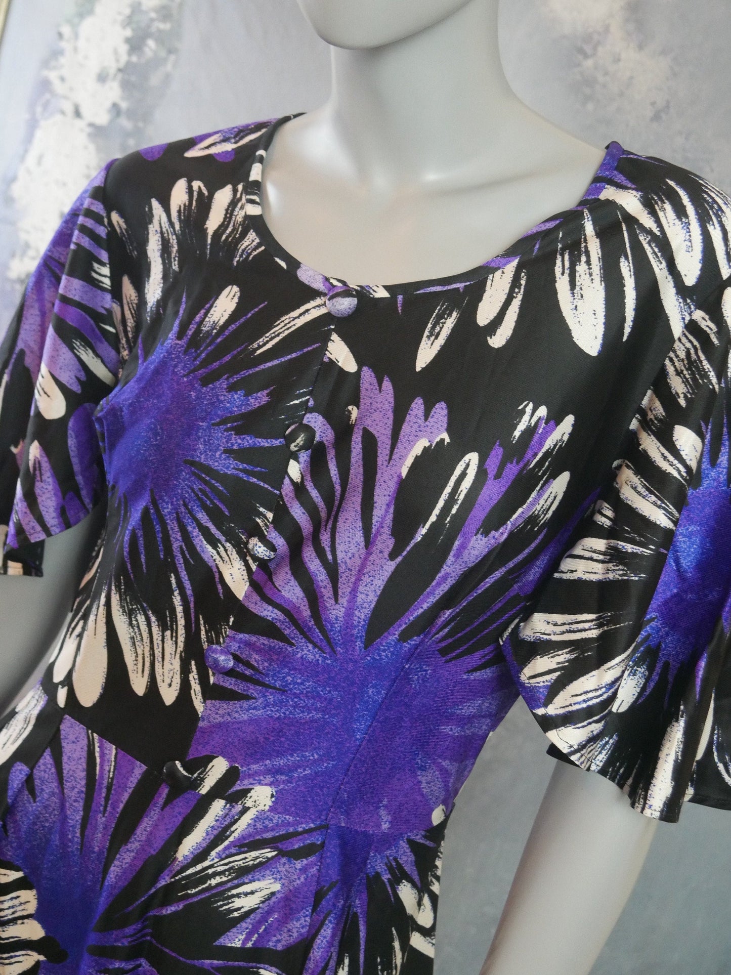 1970s Vintage Purple Maxi | Abstract Floral Long Dress with Short Flutter Sleeves Leo Gabor Vintage