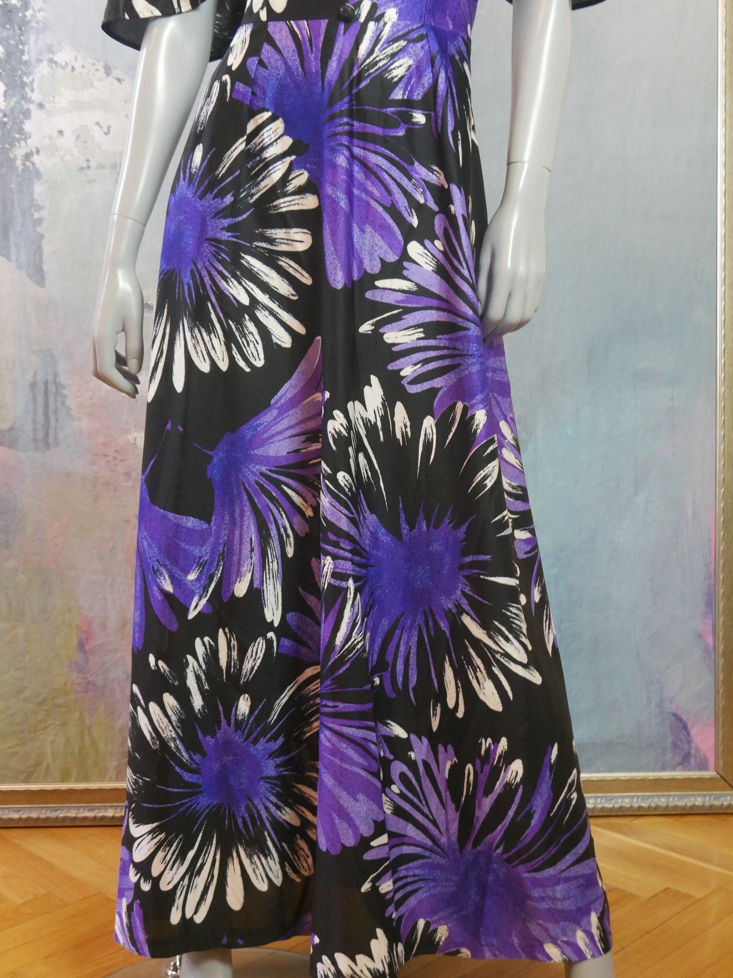 1970s Vintage Purple Maxi | Abstract Floral Long Dress with Short Flutter Sleeves Leo Gabor Vintage