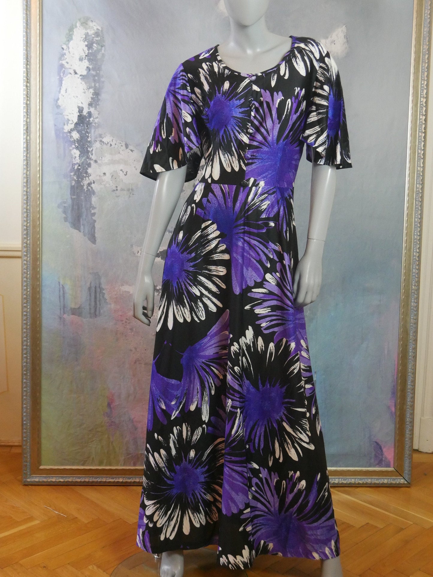 1970s Vintage Purple Maxi | Abstract Floral Long Dress with Short Flutter Sleeves Leo Gabor Vintage