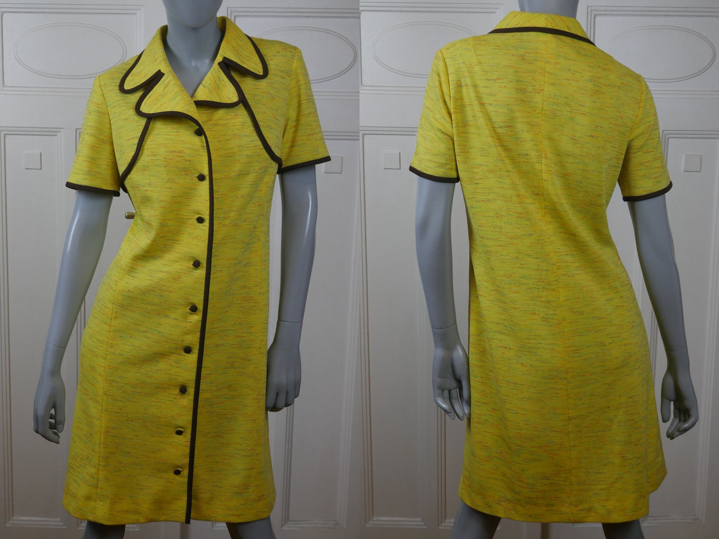 1970s Vintage Short-Sleeve Yellow Dress with Brown Trim |Summer Mod Style Shirtdress Leo Gabor Vintage