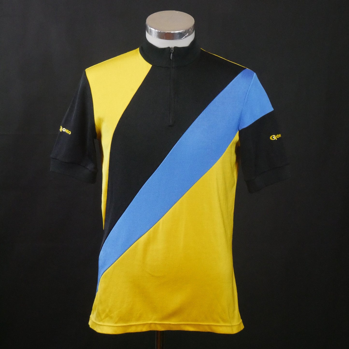 1980s Cycling Shirt | German Vinage Yellow Blue and Black Sportswear Jersey | Medium Leo Gabor Vintage