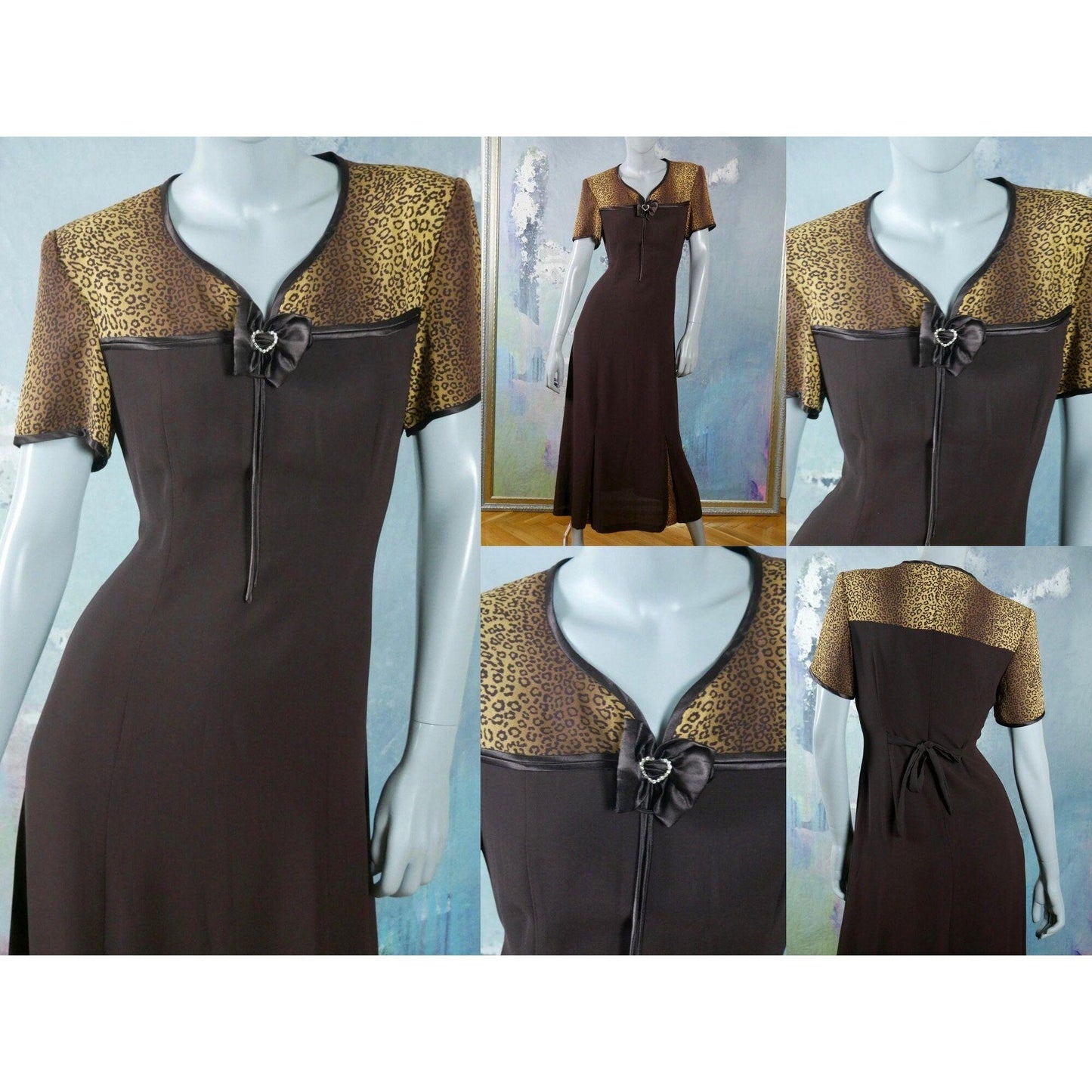 1980s Vintage Brown Midi Dress with Leopard Print Leo Gabor Vintage