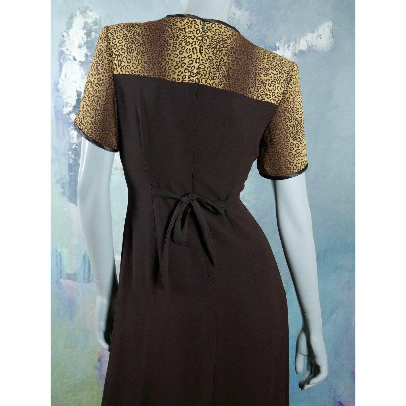 1980s Vintage Brown Midi Dress with Leopard Print Leo Gabor Vintage
