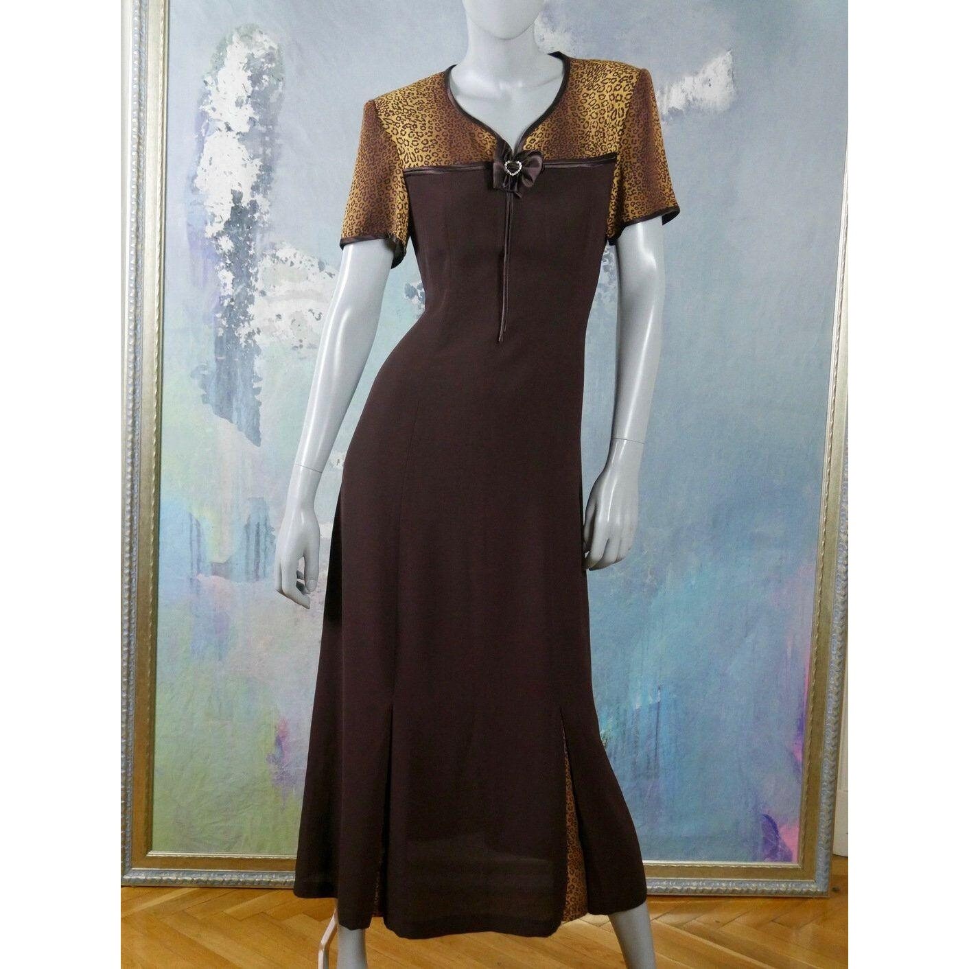 1980s Vintage Brown Midi Dress with Leopard Print Leo Gabor Vintage