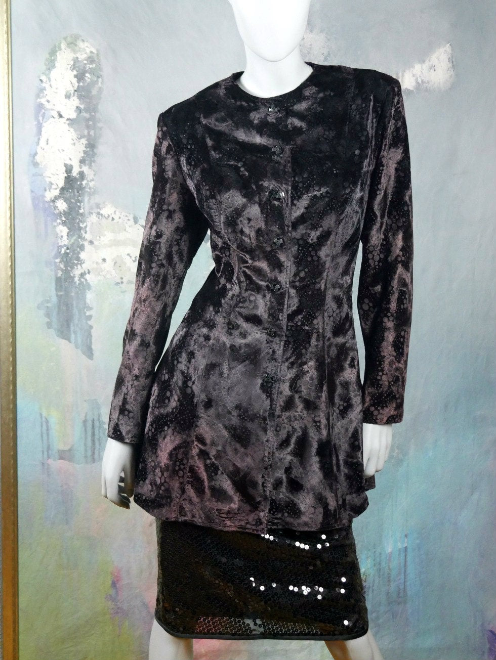 1980s Vintage Long Velvet Blazer | Black with Dark Plum Purple Undertones Leo Gabor Vintage