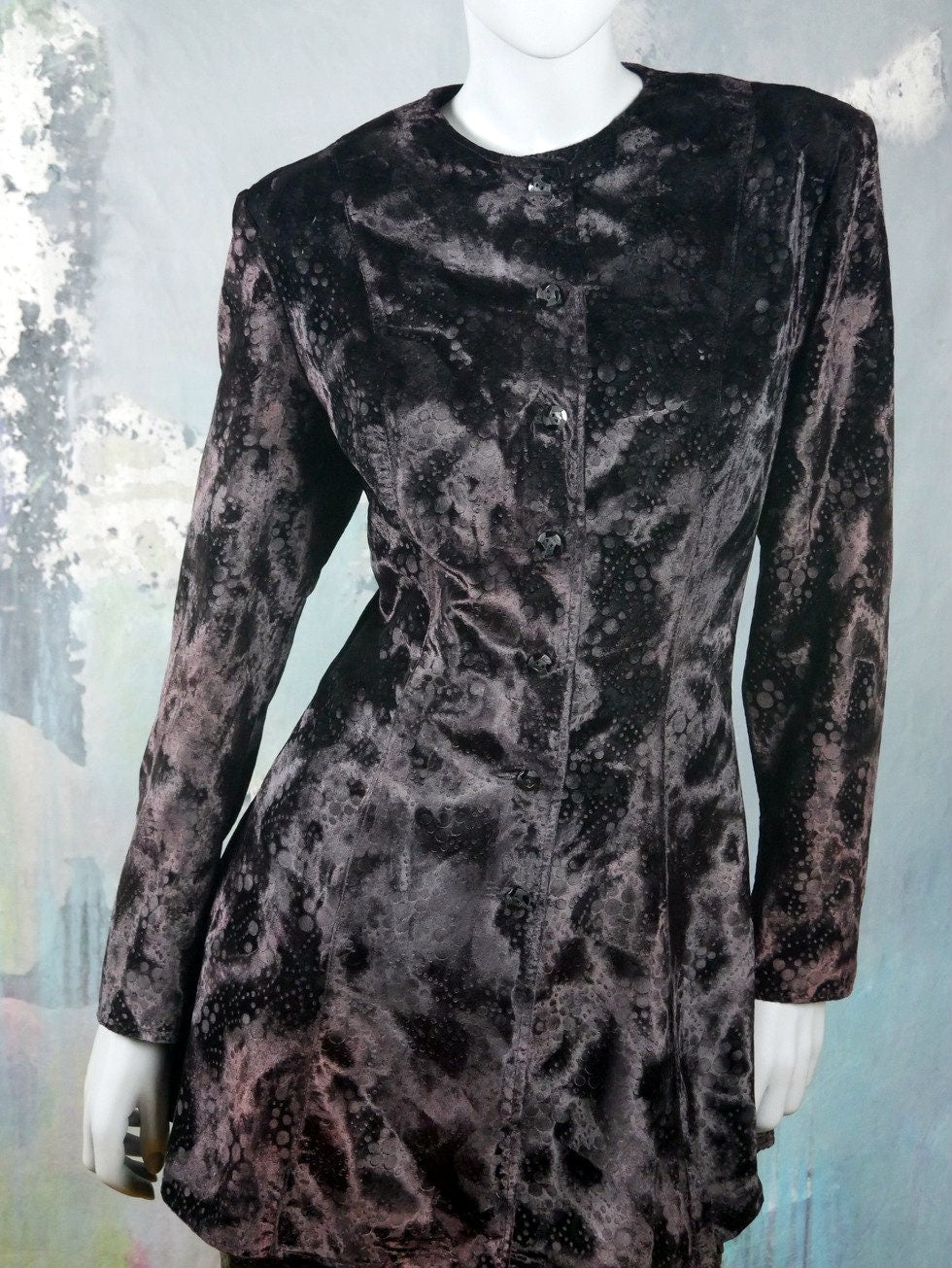 1980s Vintage Long Velvet Blazer | Black with Dark Plum Purple Undertones Leo Gabor Vintage
