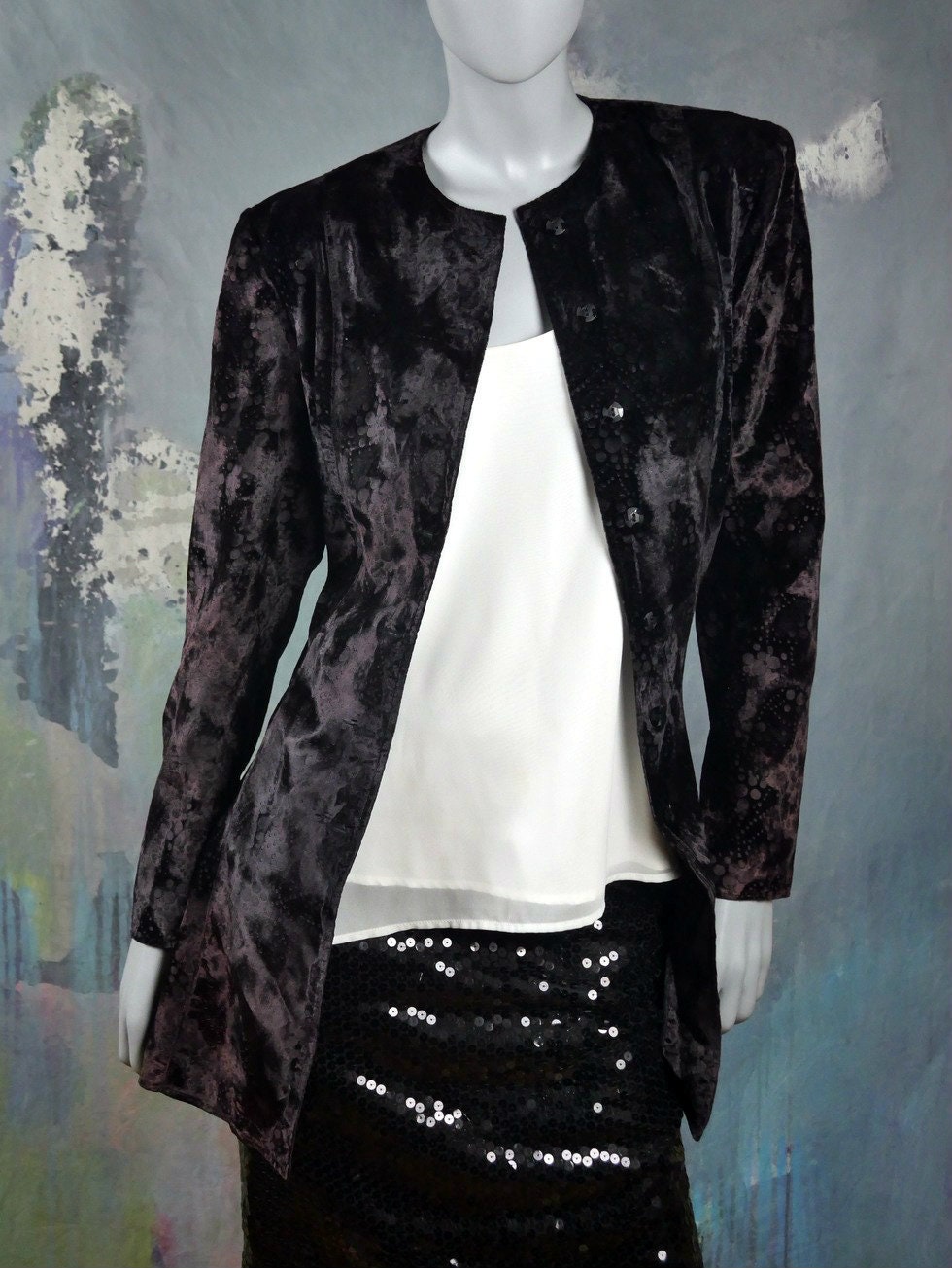 1980s Vintage Long Velvet Blazer | Black with Dark Plum Purple Undertones Leo Gabor Vintage