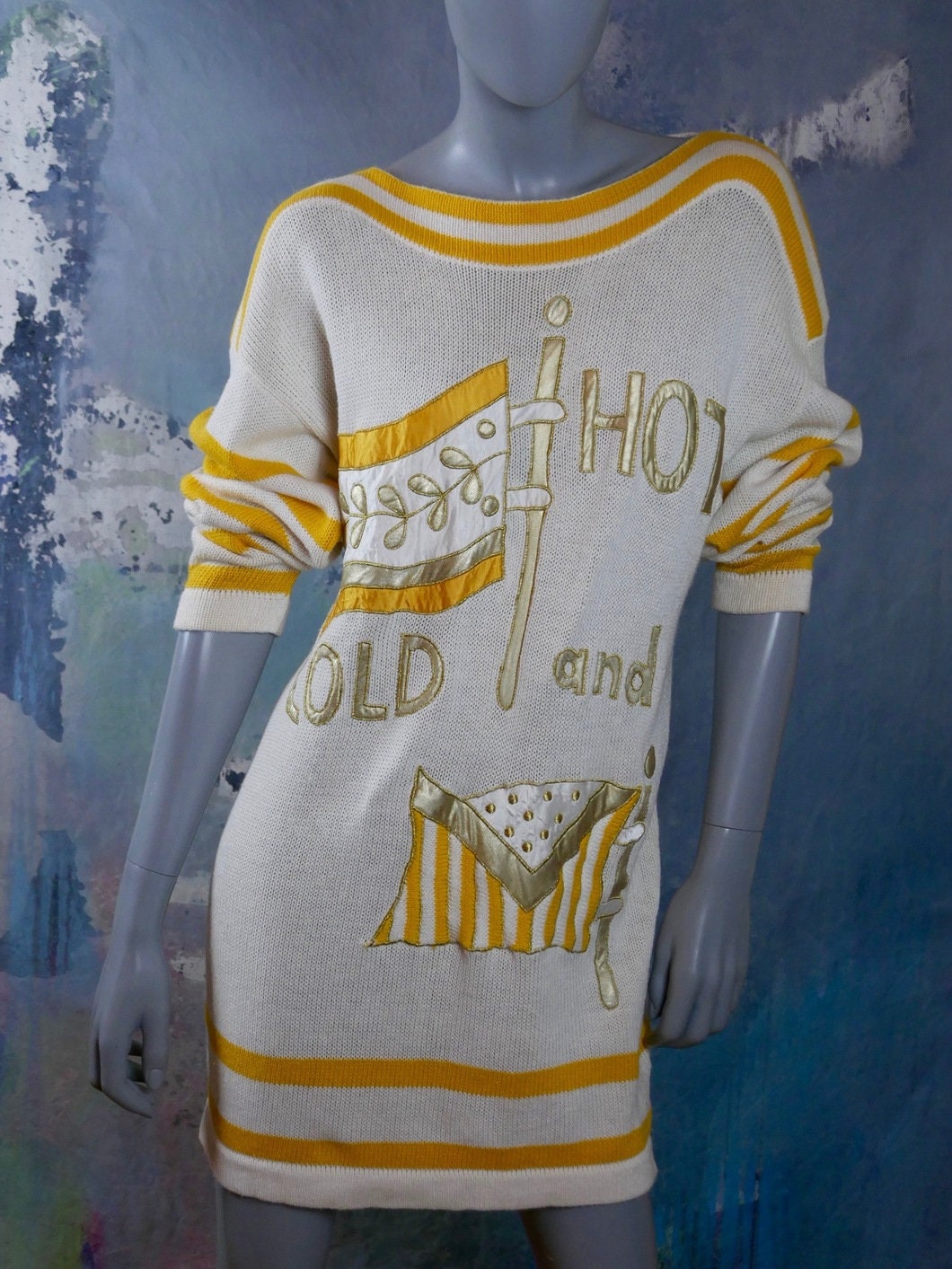 1980s Vintage Nautical Sweater Dress | White Yellow & Gold Boat Neck Knit Mini Leo Gabor Vintage