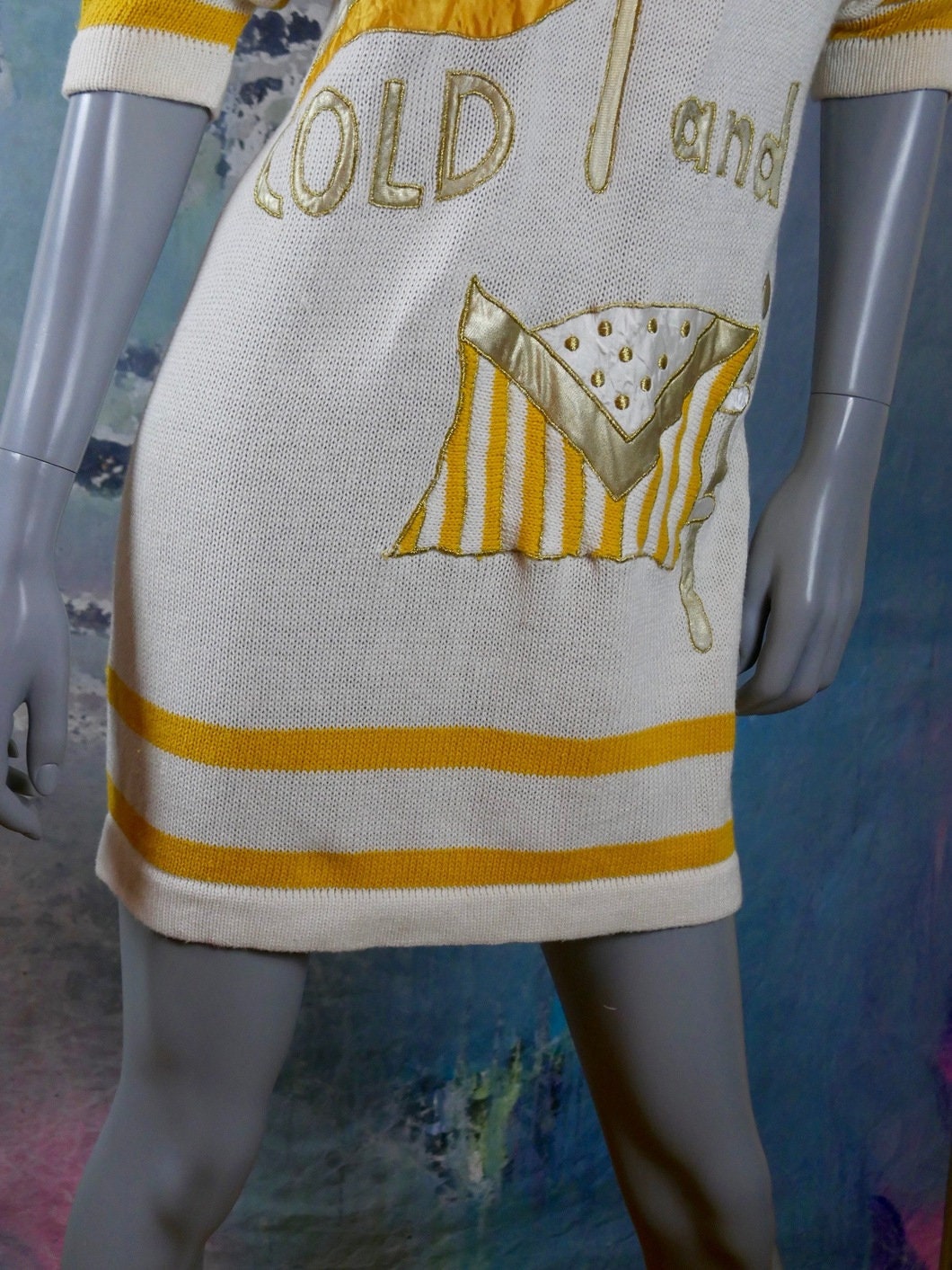 1980s Vintage Nautical Sweater Dress | White Yellow & Gold Boat Neck Knit Mini Leo Gabor Vintage