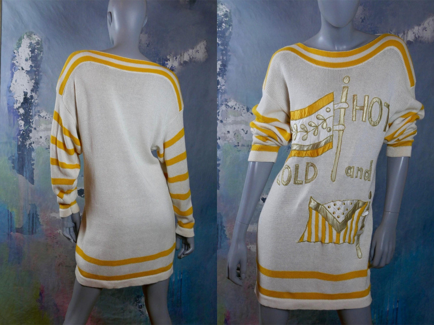 1980s Vintage Nautical Sweater Dress | White Yellow & Gold Boat Neck Knit Mini Leo Gabor Vintage