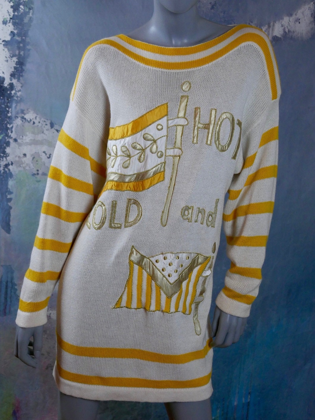 1980s Vintage Nautical Sweater Dress | White Yellow & Gold Boat Neck Knit Mini Leo Gabor Vintage