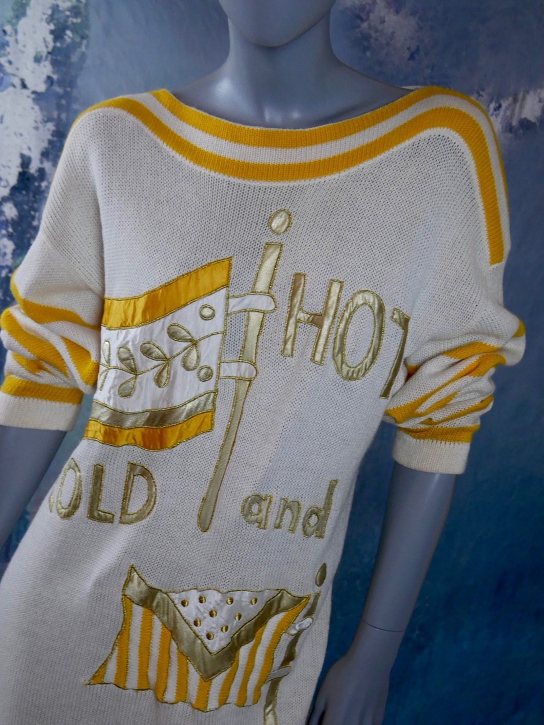 1980s Vintage Nautical Sweater Dress | White Yellow & Gold Boat Neck Knit Mini Leo Gabor Vintage