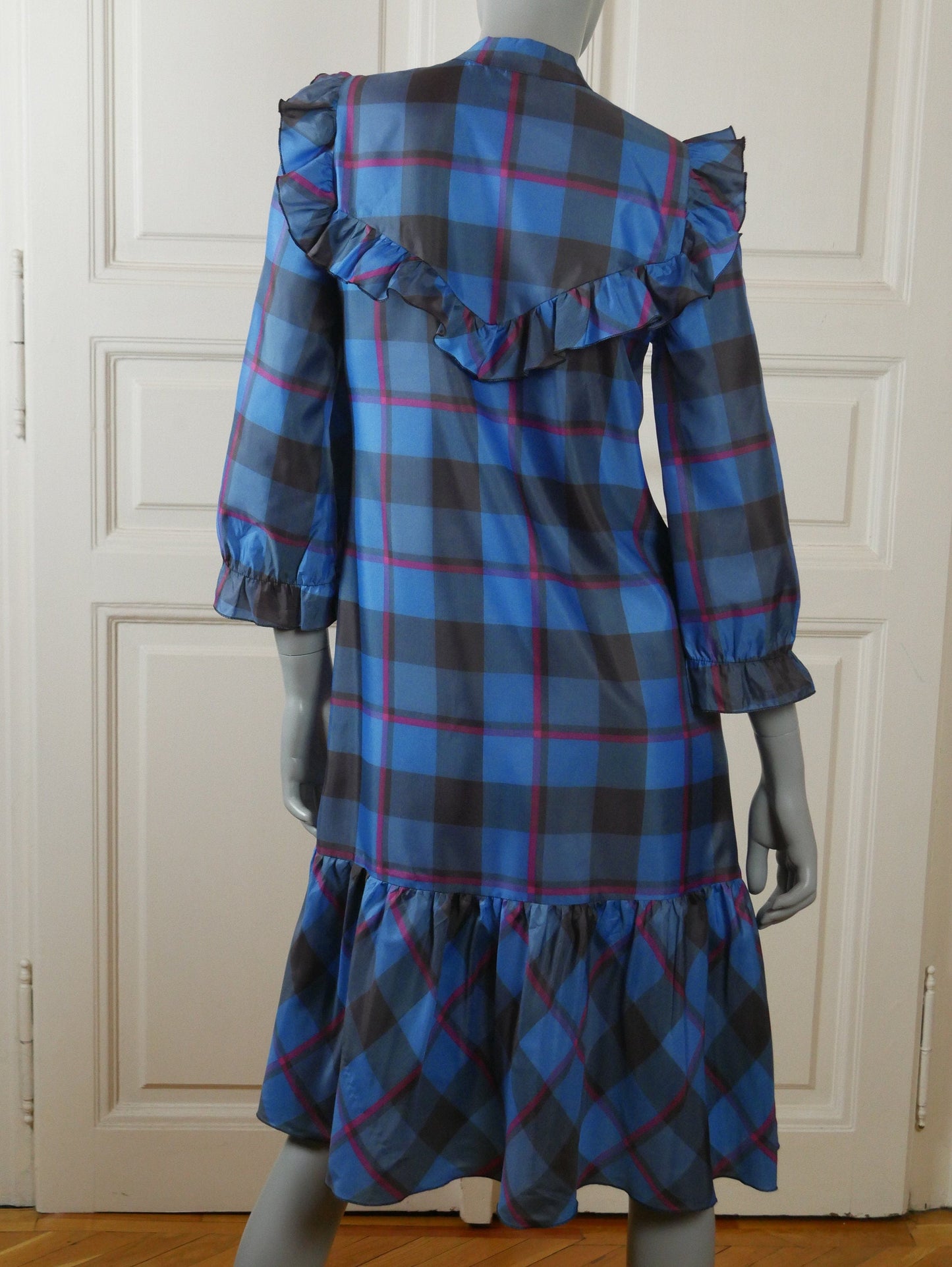 1980s Vintage Prairie Dress | Turquoise Blue Black & Pink Plaid Plaid Peasant Style Leo Gabor Vintage
