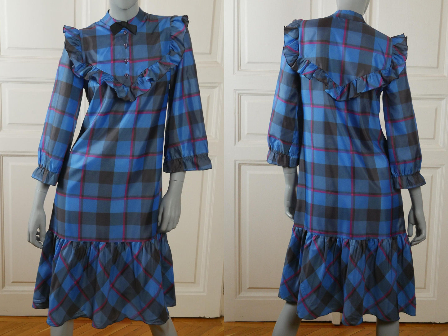 1980s Vintage Prairie Dress | Turquoise Blue Black & Pink Plaid Plaid Peasant Style Leo Gabor Vintage
