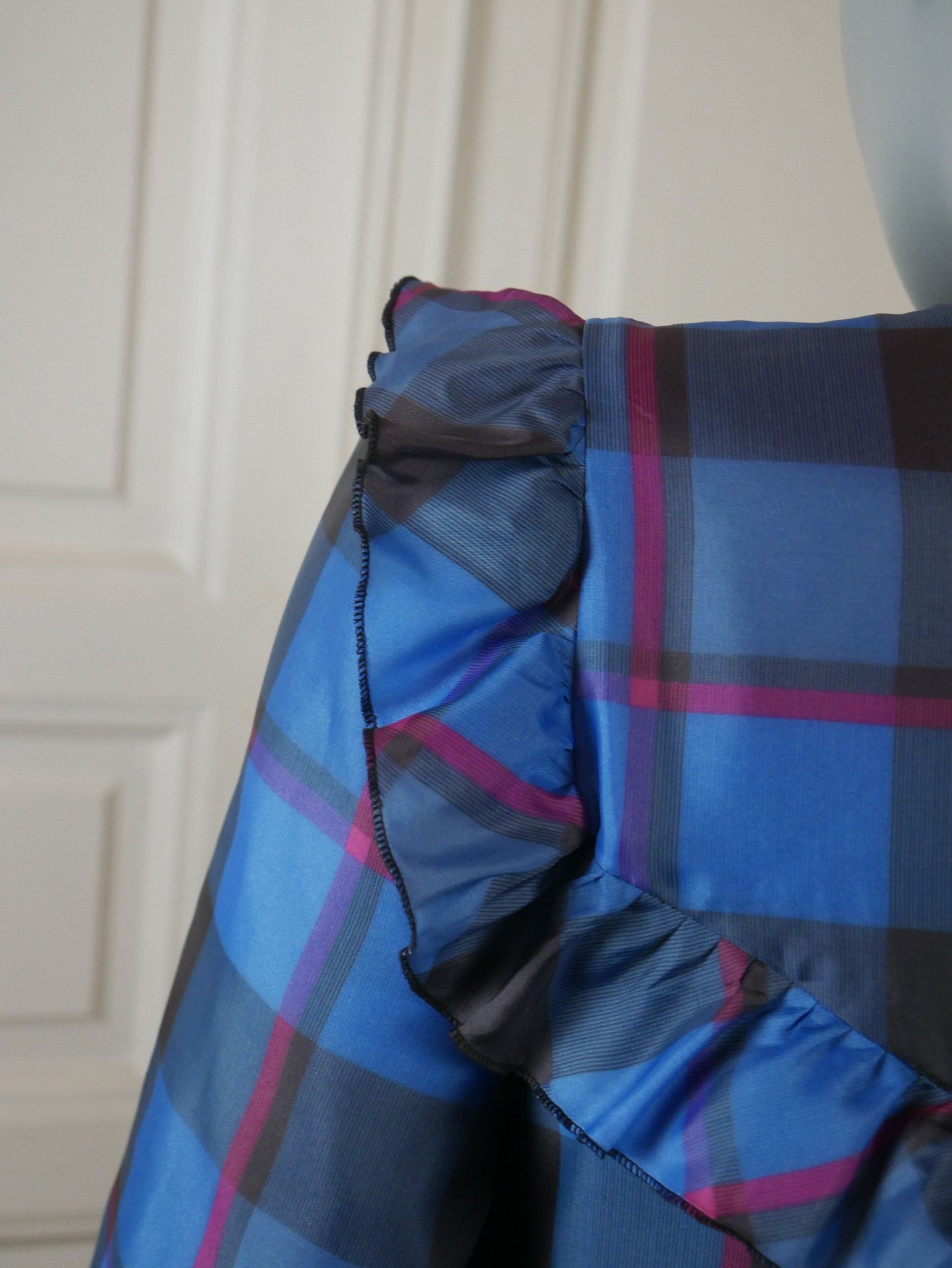 1980s Vintage Prairie Dress | Turquoise Blue Black & Pink Plaid Plaid Peasant Style Leo Gabor Vintage