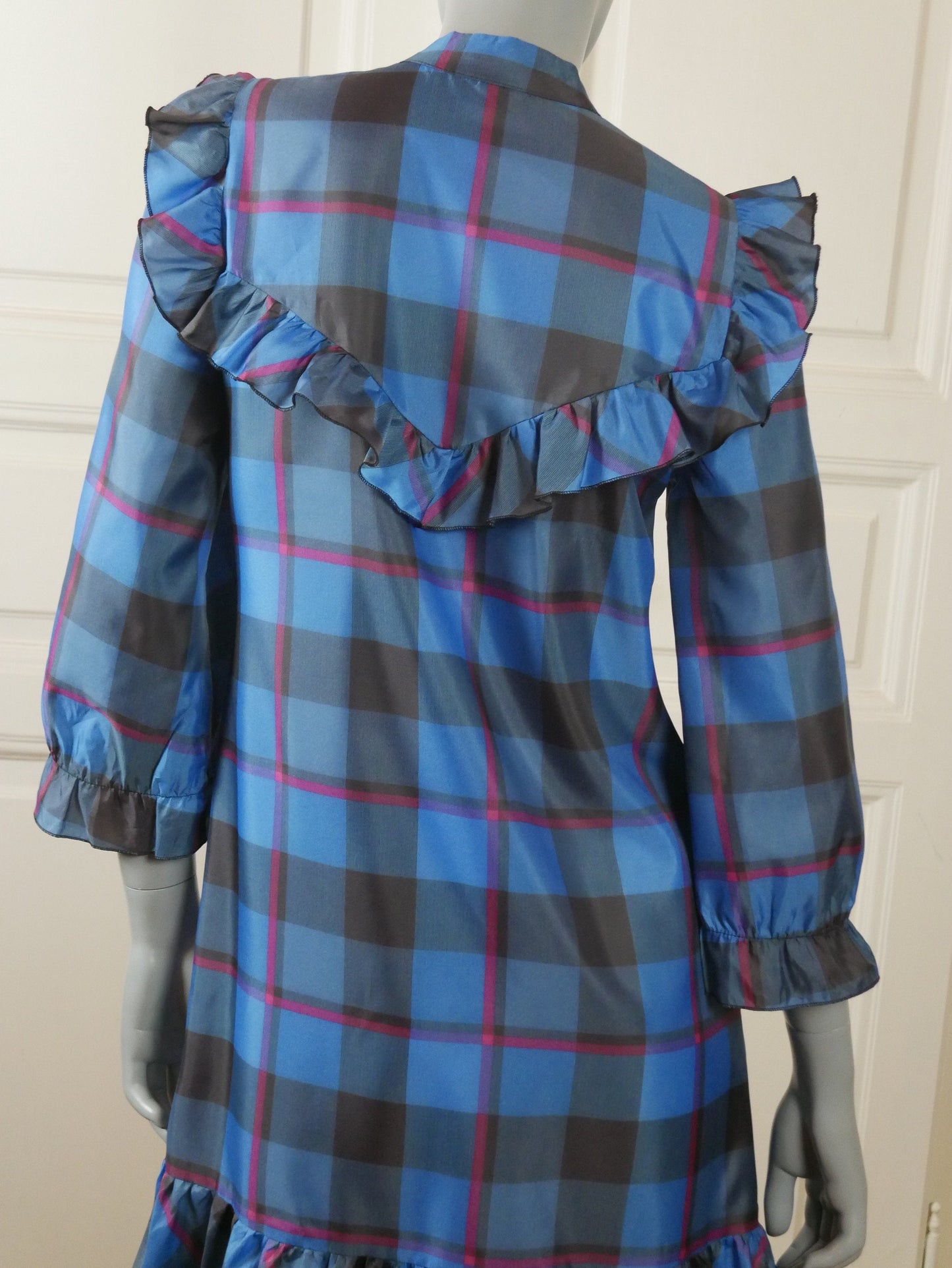 1980s Vintage Prairie Dress | Turquoise Blue Black & Pink Plaid Plaid Peasant Style Leo Gabor Vintage